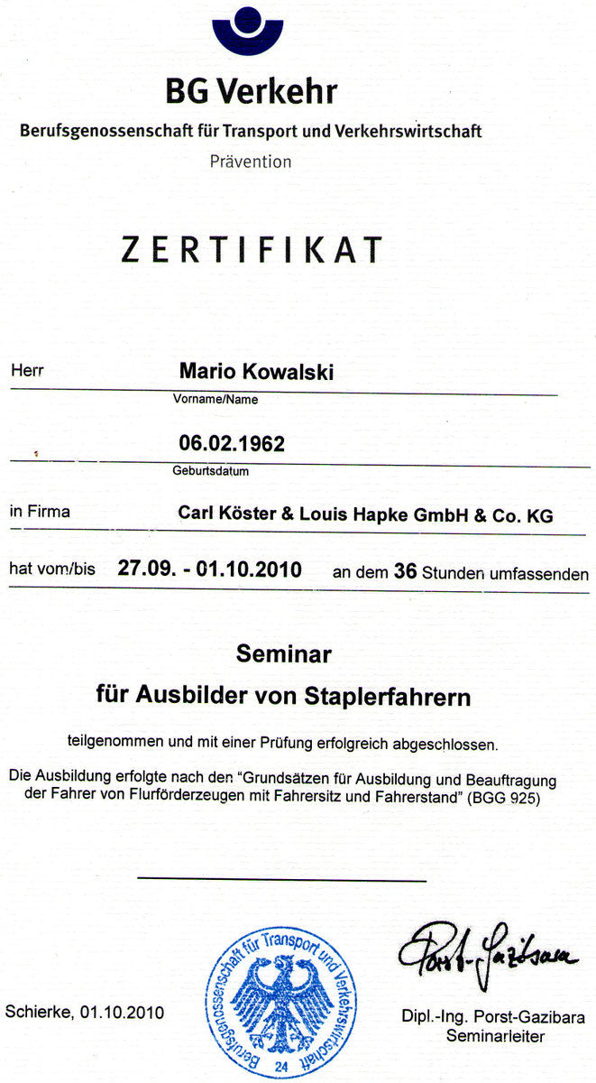 Zertifikat: Ausbilder von Staplerfahrern (BG Verkehr, BGG 925)
