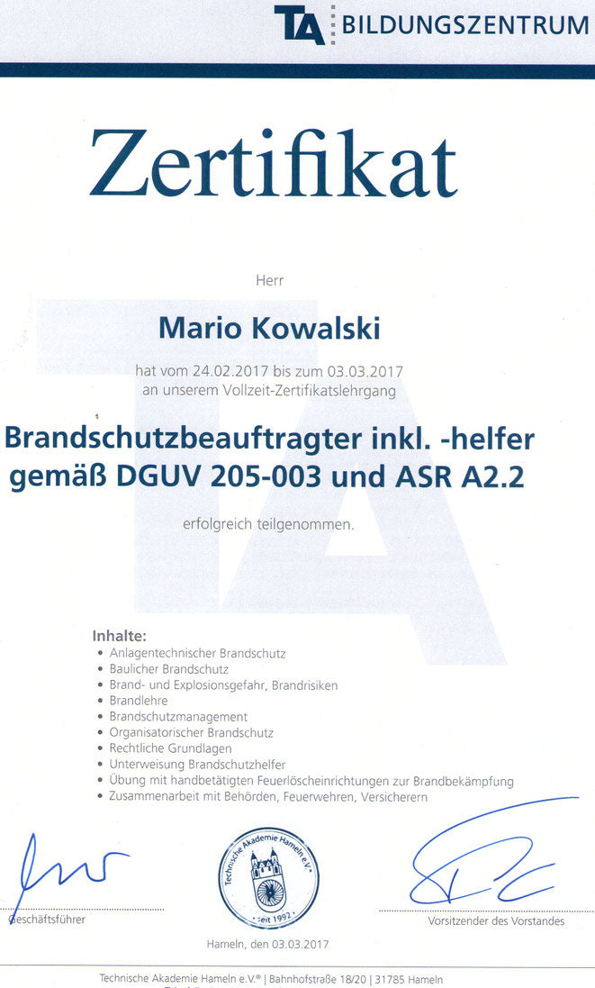 Zertifikat: Brandschutzbeauftragter (DGUV 205-003, ASR A2.2)