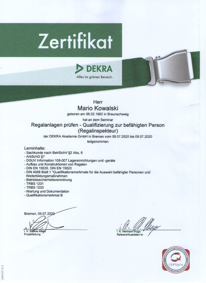 DEKRA Zertifikat: Regalinspekteur (Qualifizierung zur befähigten Person)